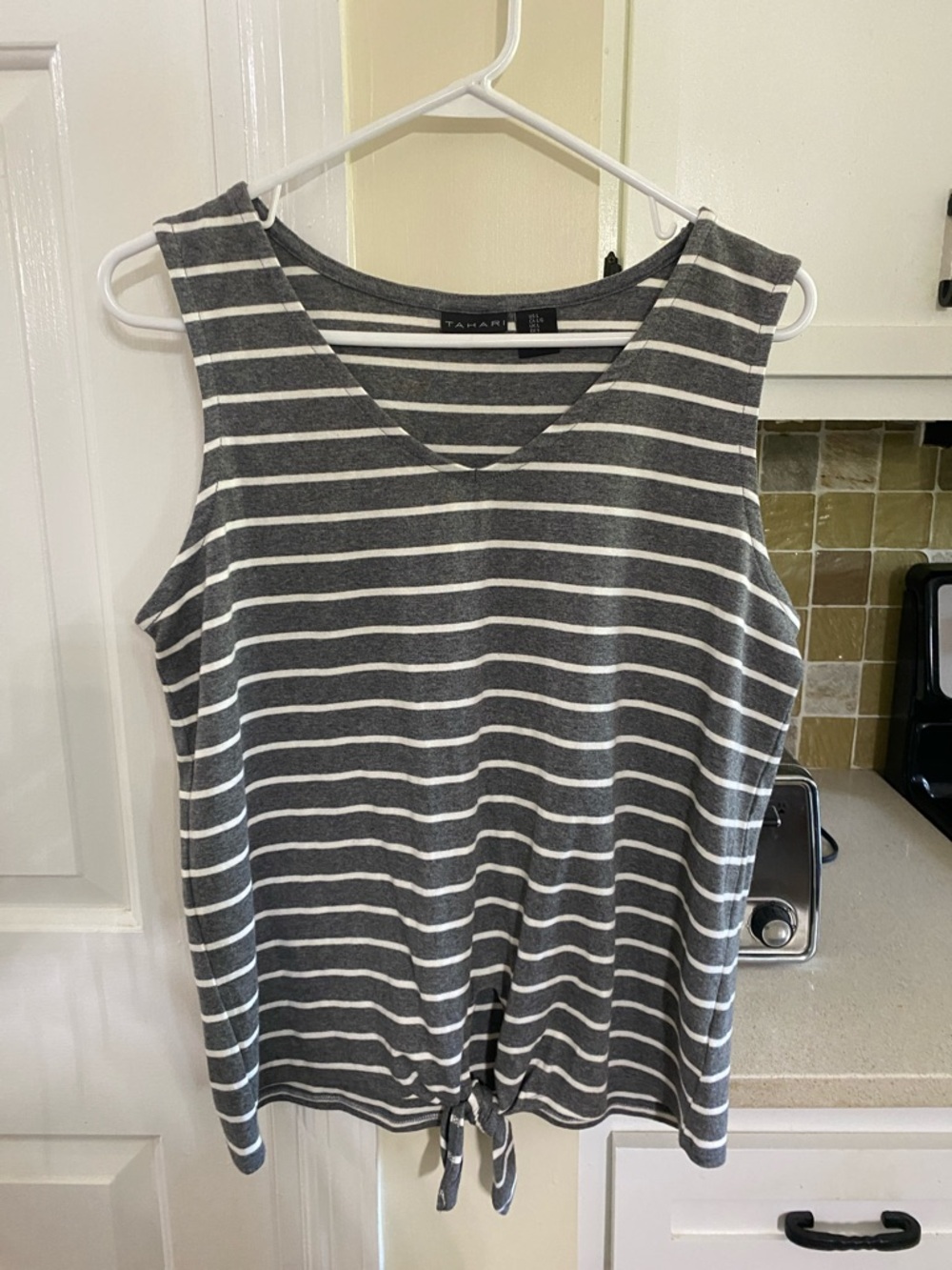Tahari Gray & White Striped V‑Neck Tie Front Tank